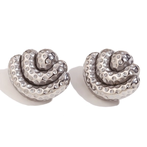Textured silver-tone triple layer coiled fan earrings with hammered pattern finish