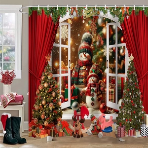 Detail of Christmas shower curtain with snowmen, festive tree, and Merry Christmas text