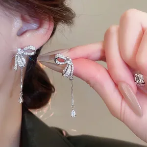 Bow-knot tassel earrings with S925 silver needles and sparkling cubic zirconia stones