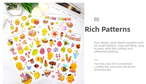 Detailed view of four Easter sticker sheets with rabbits, eggs and chicks for DIY crafts