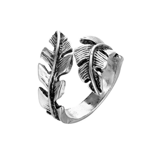 Vintage silver feather open ring with adjustable band and antique metal finish