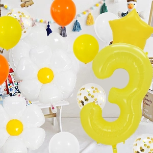 Detail of daisy foil balloon set with yellow number 3 and star for birthday party decor