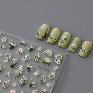 3D Embossed Nail Art Stickers Lily Of The Valley Floral Design Self Adhesive Thin Decals PET Manicure Elegant Decoration