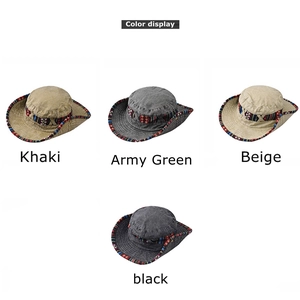 Outdoor foldable cotton bucket hats in four colors with ethnic woven trim patterns
