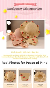 Detail of girls' straw sun hat and matching bag set with cherry embroidery and wavy brim