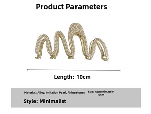 Detail showing 10cm gold wave hair claw clip with faux pearls and rhinestones on alloy