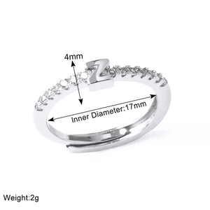 Detail view of silver adjustable Z-letter ring with dimensions 4mm height and 17mm diameter