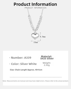 Macro detail of S925 sterling silver heart necklace with dimensions and weight specs