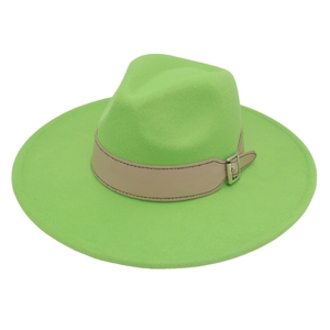 Detail of neon green fedora hat featuring wide brim and leather band with silver buckle