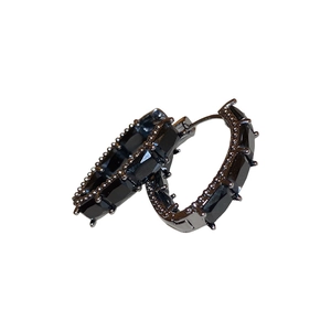 Gothic black zircon hoop earrings with vintage metal beads in a dark aesthetic style