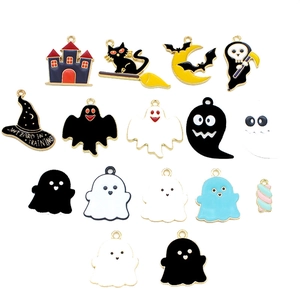 Halloween enamel alloy charms set featuring ghosts, black cats, and wizard hats for DIY jewelry