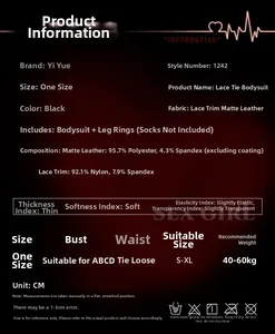 Size chart and fabric details for black lace and matte leather sexy lingerie set