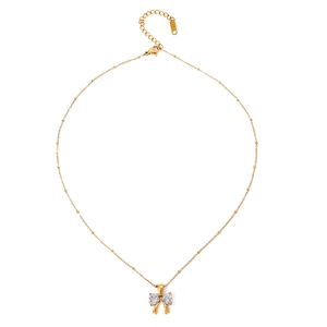 Collier en acier inoxydable plaqué or 18K avec pendentif nœud et zircons en forme de cœur