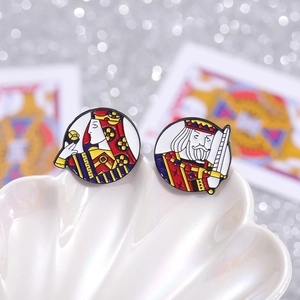 Creative enamel playing cards brooches featuring Queen of Spades and King of Hearts design