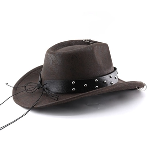 Detail of dark brown PU leather cowboy hat with silver rivets and metal ring accents