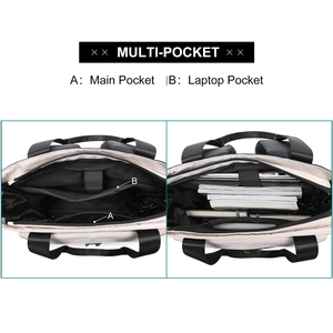 Detail view of multi-pocket interior with laptop compartment for beige travel backpack