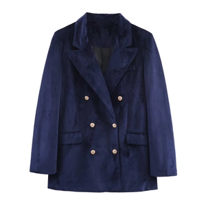 Women's deep blue velvet double-breasted blazer with gold buttons in a flat lay view