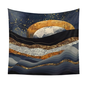 Detailed view of modern abstract tapestry featuring golden mountain peaks and starry sky