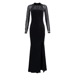 Detail of slim fit black dress with sheer mesh sleeves and high side slit design