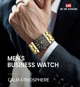 Macro shot of rectangular gold case with black dial and Roman numerals on men's business watch