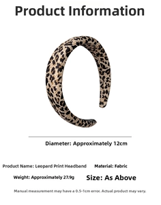 Detail showing pink leopard print fabric headband dimensions with weight and size data