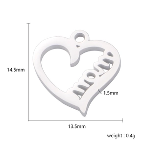 Detailed dimensions of silver MOM heart pendant with 14.5mm height and 0.4g weight