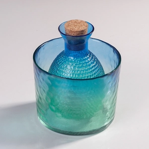 Japanese style hammered peacock blue glass sake set with carafe and cork stopper