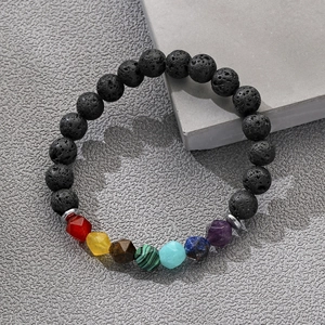 8mm black lava stone chakra bracelet with seven colorful faceted gemstone energy beads