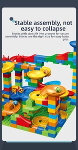 Detail of large building block marble run with stable interlocking parts and colorful chutes