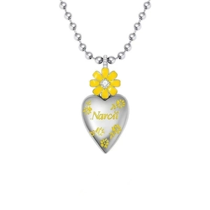 Close-up of heart pendant with yellow daisy and Narcifi engraving on bead chain