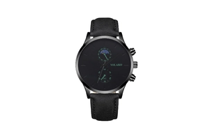 Detail view of stylish men's quartz watch with dual sub-dials and black leather strap