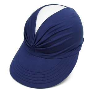 Detail of navy blue women's sun visor featuring a stylish pleated cross design and wide brim