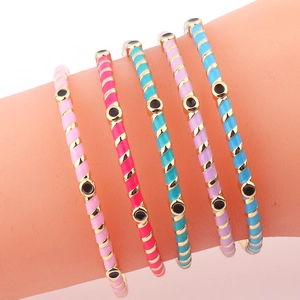 Colorful Enamel Stripe Bangle 18K Gold Plated Copper Bracelet Geometric Evil Eye Cubic Zirconia Jewelry For Women Fashion
