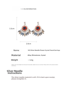 Macro shot of boho flower tassel earrings with crystals and 925 silver needles