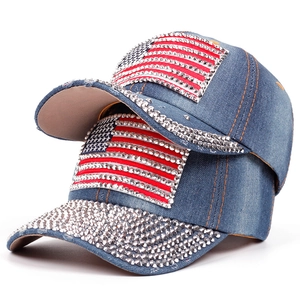 Casquettes de baseball vintage en denim avec drapeau américain en strass et bord brillant
