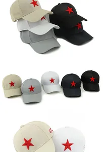 Detail of five-color mesh baseball caps featuring red star embroidery and CHN side labels