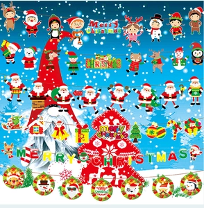 Detail of Christmas paper banners featuring Santa, reindeer, and Merry Christmas letters