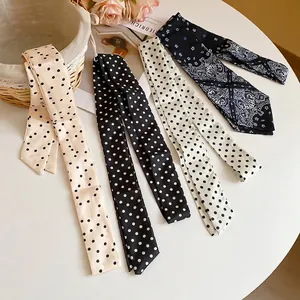 Polka dot and floral skinny silk scarves for women, versatile neck tie hair ribbon