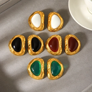Vintage Irregular Geometric Stud Earrings 18K Gold Plated Stainless Steel Hammered Texture Resin Inlay French Style Women