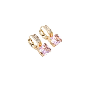 Elegant gold earrings featuring micro-pasted square pink zircon pendant for women