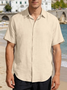 Men's casual beige linen short sleeve shirt with button-down collar and textured fabric