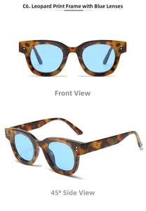 Detailed front and side views of leopard print sunglasses with blue tinted lenses