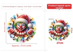Detailed size chart for Santa clown sticker measuring 27cm x 27.5cm with festive lights