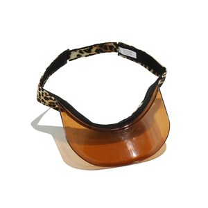 Detail of leopard print headband and brown transparent brim on women's sun visor hat