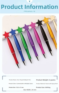 Détails des stylos à bille colorés en forme d'étoile avec dimensions de 132,5x12mm