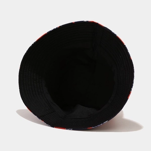 Detail view of cotton bucket hat interior with reinforced stitching and printed brim edge
