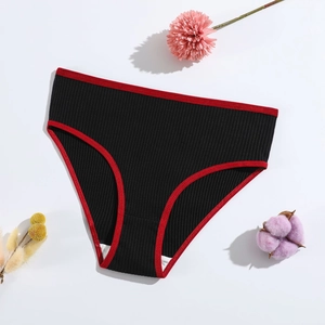 High-waist ribbed cotton women panties in black with red trim on white background
