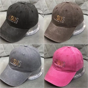 Vintage washed cotton baseball caps set in four colors with Jesus embroidery