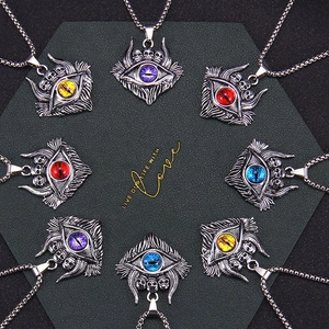Gothic punk devil eye skull necklaces with colorful crystals in a circular display