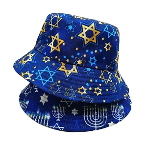 Blue Hanukkah bucket hat with gold Star of David and Menorah patterns for sun protection